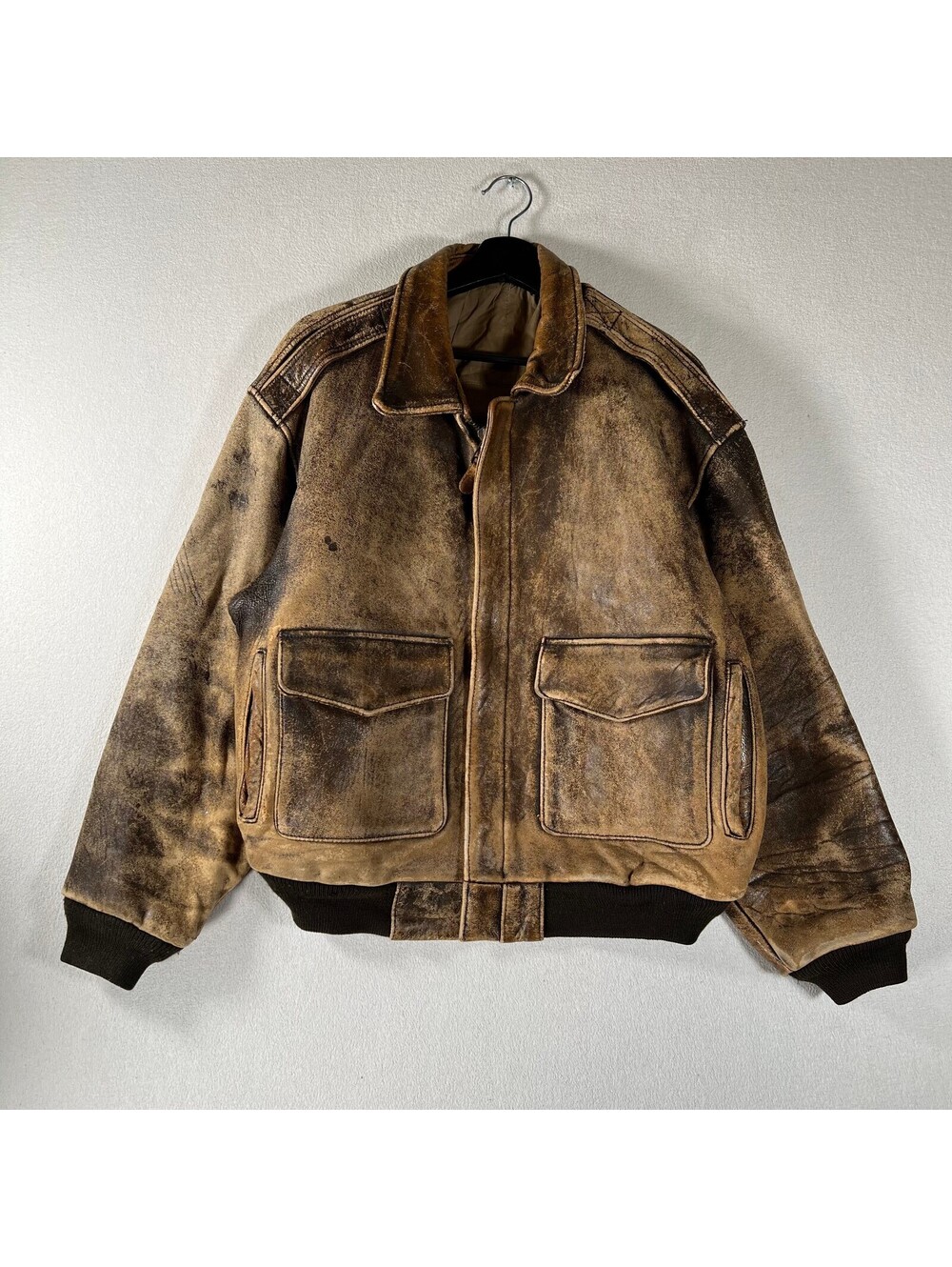 Vtg Mirage Heavy Leather Bomber Jacket with Amazing patina L